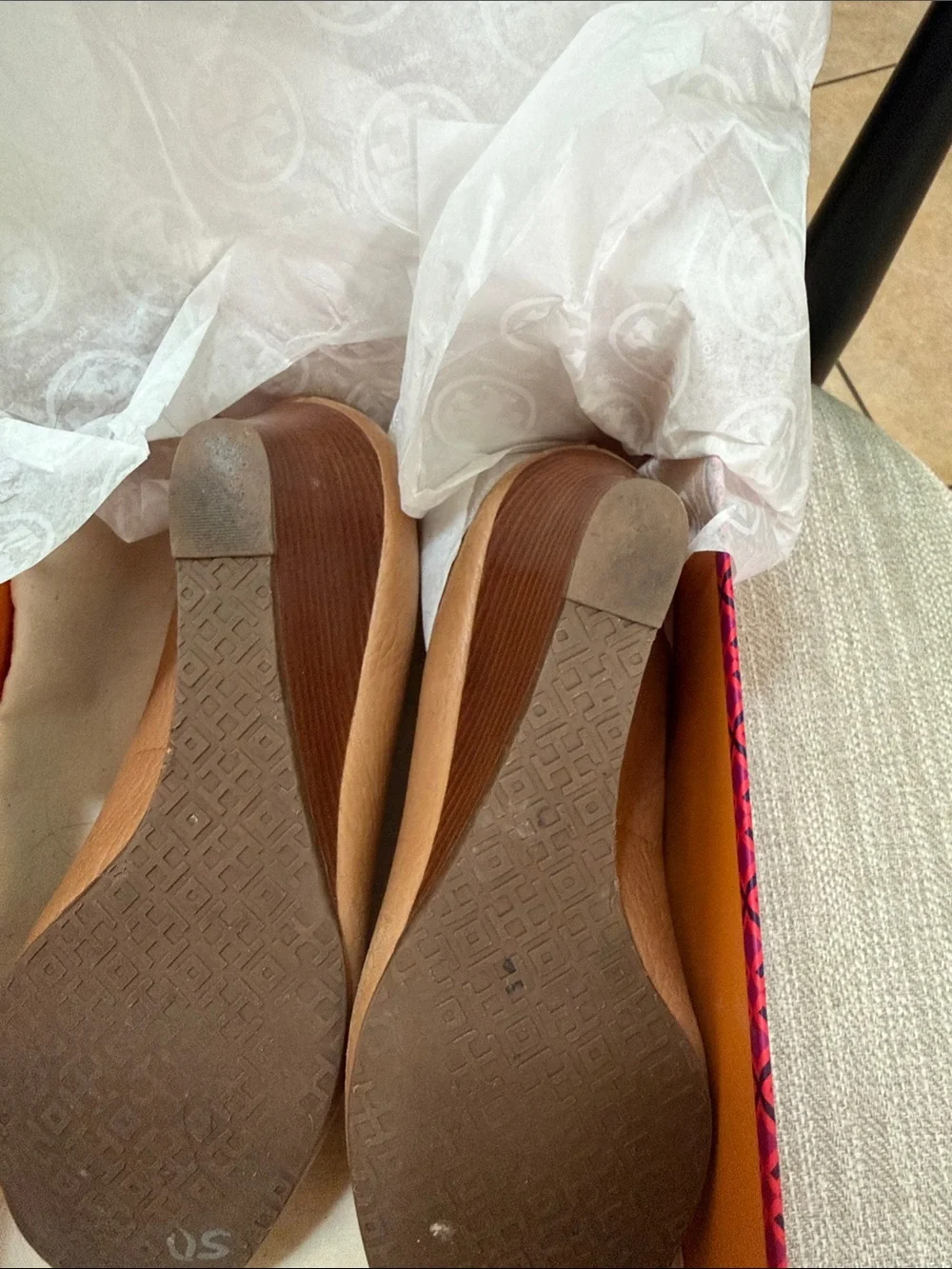 Tory Burch Cognac Leather Heels with Gold Logo Medallions